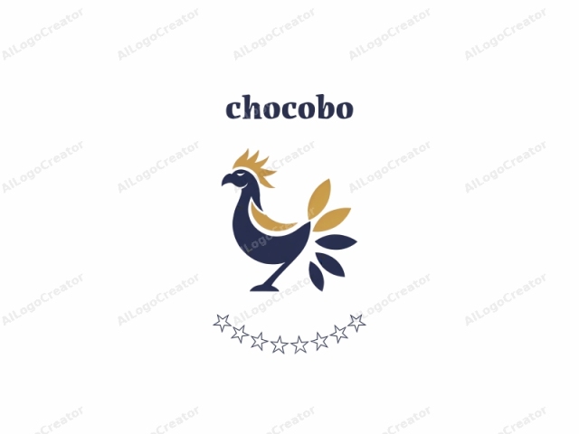 que representa un gallo estilizado con un diseño minimalista. El gallo se presenta en un estilo moderno y elegante, utilizando líneas limpias y colores llamativos. El cuerpo del ave es predominantemente azul oscuro, mientras que su espalda superior y plumas de la cola son