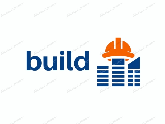 The logo is a simple, vector-style graphic featuring two distinct elements: a hard hat and a blue building silhouette. The hard hat, depicted in a bold, vibrant orange, is positioned centrally and tilted slightly forward, with a classic shape and design