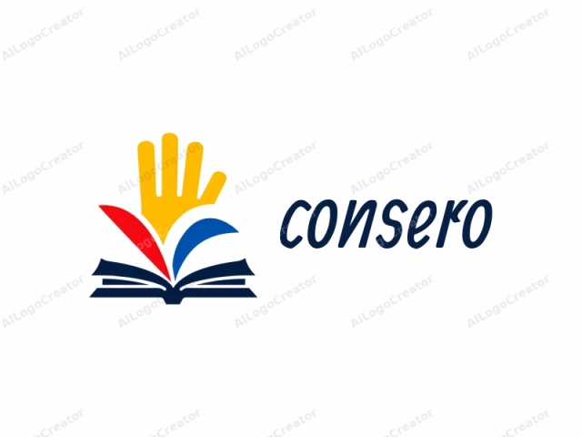 This is a simplified, abstract, digital illustration of a stylized hand emerging from an open book. The hand is depicted in bright yellow, and its fingers are positioned upward, as if raising or pointing to something. The book, positioned below the