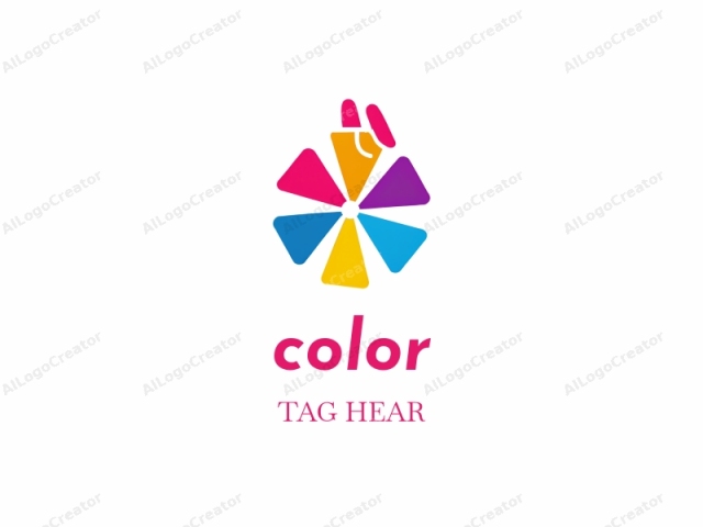 The logo is a stylized, abstract representation of a hand holding a pen or pencil. The hand and the pen are depicted in a simple, modern design using bold, solid colors. The hand is colored bright pink, and it has four fingers