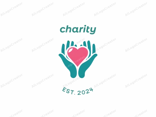 This is a digital, minimalist logo illustration. The image features a pair of turquoise, stylized hands, palm facing upward, in the center of the frame. Each hand is simplified, with clean lines and a smooth texture, suggesting a modern,