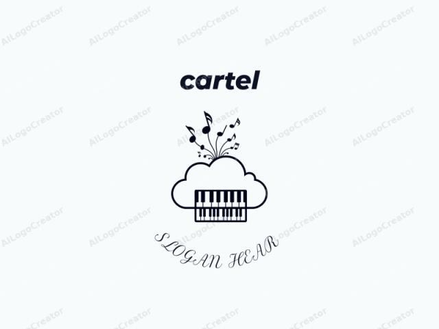 El logotipo es un dibujo minimalista en blanco y negro, que presenta una gran nube en la parte superior, un teclado musical en la parte inferior y notas musicales en el medio. La nube está delineada con una línea gruesa y continua, dándole un aspecto sólido y tridimensional.