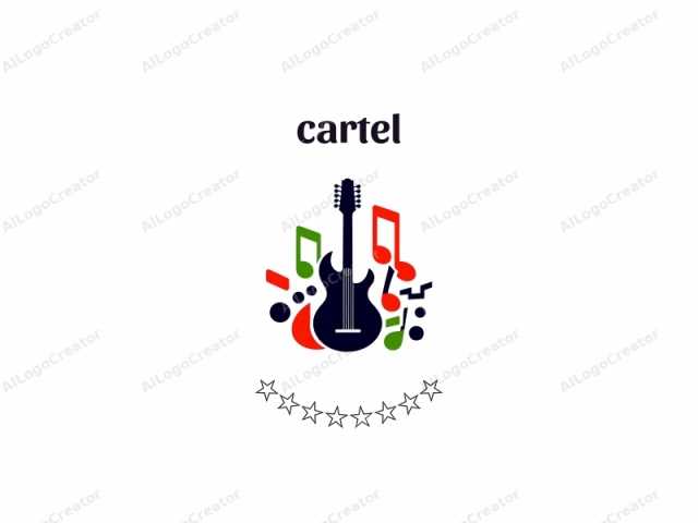 Esta imagen de logo presenta una guitarra eléctrica estilizada con un cuerpo negro sólido y una pala multicolor con detalles intrincados. La pala consta de dos filas paralelas de clavijas de afinación blancas, separadas por un puente negro. Alrededor de la guitarra, una variedad