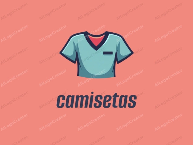 centrándose en sus elementos visuales y estilo. La imagen presenta una ilustración estilizada y simplificada de una camiseta de manga corta azul claro sobre un fondo sólido coral-rojo. La camiseta, representada sin ninguna figura humana, muestra líneas limpias y audaces y un