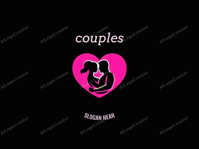 a couple, created using a minimalist, high-contrast design. The image features a stylized, black silhouette of a man and a woman standing closely together, facing each other, their bodies interlocked in an intimate embrace. The man stands on