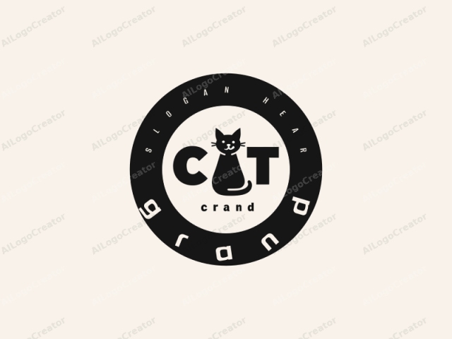 This image is a minimalist logo in a monochrome color scheme, featuring a sleek, black silhouette of a cat with a small, friendly face, and a content expression. The cat's body is sitting with its tail curving gently behind its body