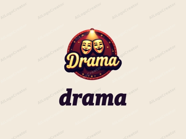 a theater or drama scene, rendered in a retro, vintage style. The central focus is the logo, consisting of two smiling, exaggeratedly large theatrical masks in gold and yellow tones, with a touch of orange. The masks are positioned on top