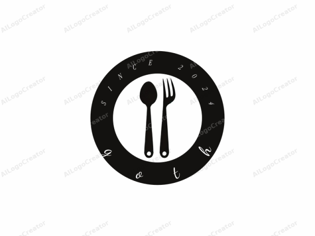 Ein minimalistisches, schwarz-weißes Grafikdesign, das zwei ikonische Utensilien zeigt, die häufig beim Essen verwendet werden: einen Löffel und eine Gabel. Das Bild zeigt einen sauberen, modernen und simplen Stil, der solide schwarze Silhouetten vor einem scharfen weißen Hintergrund verwendet.