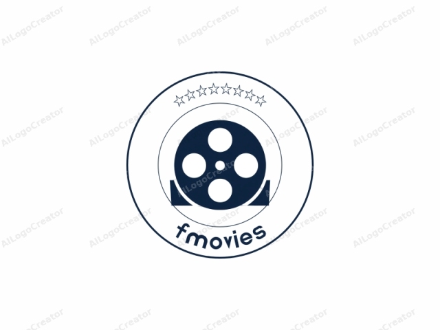 a movie reel. This image features a simple, black and white icon that represents a movie film canister. The canister is depicted in a dark blue solid color, occupying the center of the image and facing towards the right. It consists of