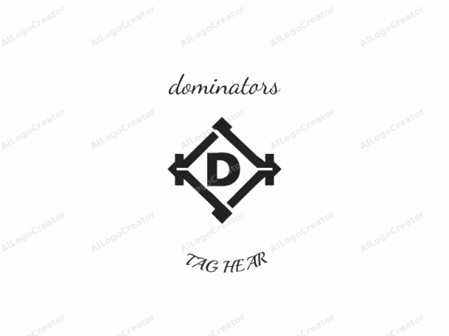 This image is a black and white vector graphic depicting a geometric shape. At the center, there is a large, bold, uppercase letter "D" in sans-serif font. The letter is positioned centrally and is the primary focal point. Surrounding