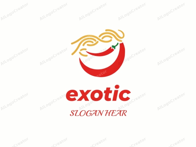 Dieses Bild ist ein minimalistisches Logo, das eine stilisierte Darstellung eines Tellers mit Spaghetti und einer Chili-Schote zeigt. Der Hintergrund ist weiß, wodurch das farbenfrohe und einfache Design lebendig hervorsticht. Die Spaghetti sind in goldgelb dargestellt, verdreht und geschlungen.