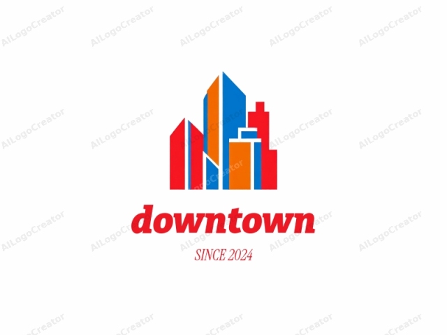 in a minimalistic style. This logo consists of a simplified, abstract representation of a city skyline. The design features three prominent buildings, each characterized by distinct color blocks. The tallest building is in the center and is rendered in blue, while the building