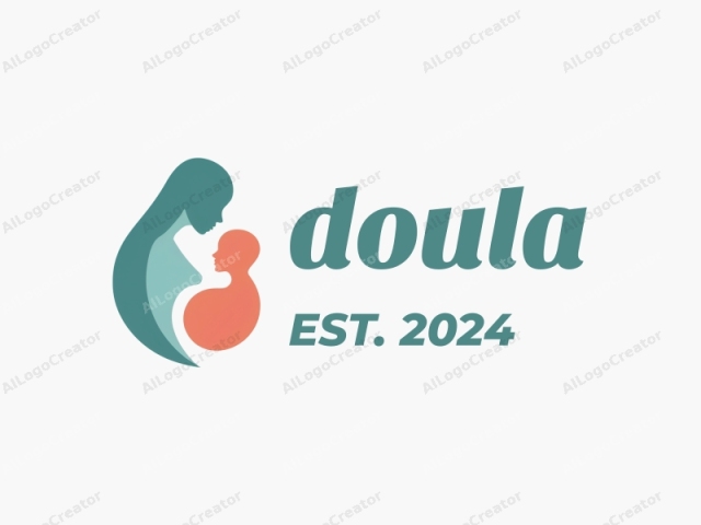 This digital logo features a minimalist and stylized design, utilizing smooth, flowing lines and a limited color palette. The main subject is a simplified representation of a woman cradling a child, depicted in a curved, semi-abstract form. The