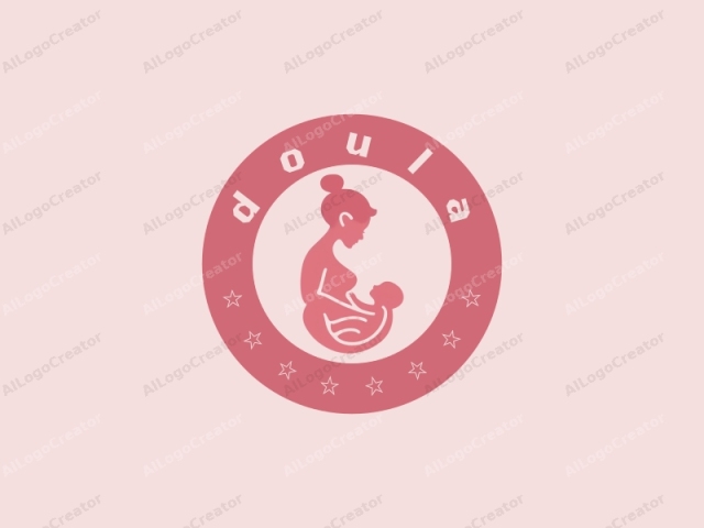 This is a minimalist, digital vector drawing of a silhouette depicting a mother and baby. The background is a soft, light pink color, creating a calm and gentle atmosphere. The mother, represented in a stylized, simplified form, is depicted in