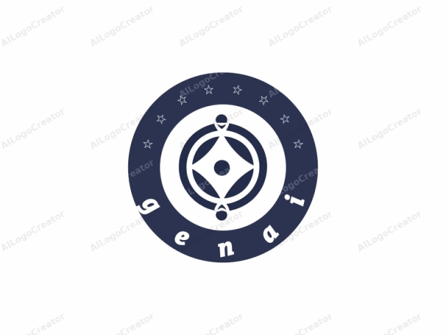 depicting an abstract, symmetrical design with a minimalist aesthetic. The logo is a stylized geometric shape, primarily in shades of dark blue and white. It consists of a central circle surrounded by four evenly spaced, pointed diamond shapes, forming a sym