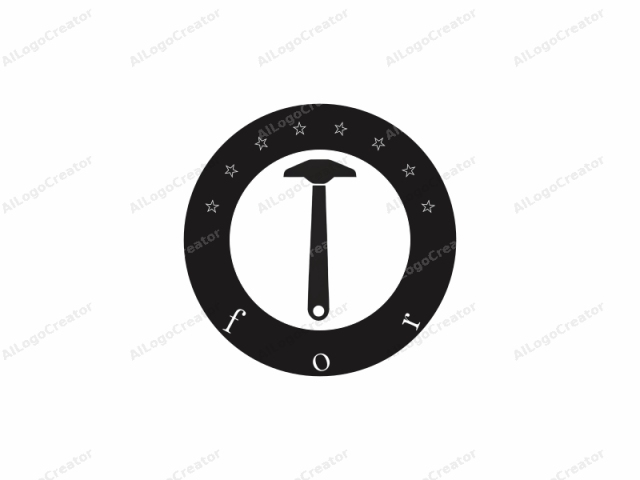 utilizando la descripción proporcionada. Este es un logo minimalista en blanco y negro, diseñado en un estilo de ilustración digital plana. El logo presenta una silueta simple de un martillo con un mango corto y vertical y una cabeza más larga y horizontal. El mango es