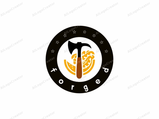 The image is a stylized, vector-based logo featuring a black, double-bladed axe with a brown handle centered in the foreground. The axe blade points downwards, giving a sense of readiness or action. Surrounding the axe, on the right