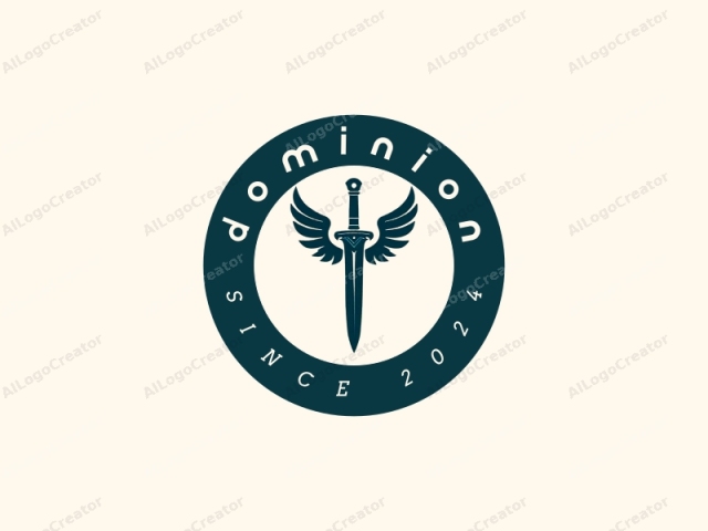 The logo features a stylized, minimalist design of a mythical sword with prominent, stylized angel wings attached to its hilt. The sword, depicted in a deep, rich navy blue, is centered vertically in the image. It has a broad