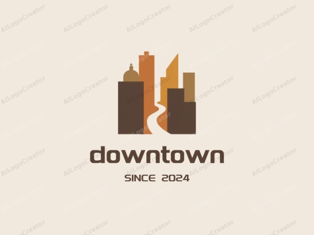 en un estilo de diseño minimalista y plano. Este logotipo consiste en una ilustración simple y abstracta que representa un paisaje urbano. Presenta dos edificios prominentes, uno a cada lado, y un camino curvo central que va desde la parte inferior izquierda hacia la parte superior derecha. Los edificios