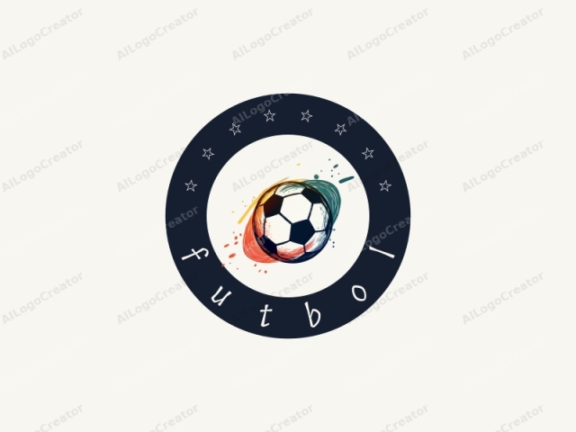 Dieses digitale Logo zeigt einen stilisierten Fußball vor einem minimalistischen, weißen Hintergrund. Der Fußball wird auf lebendige, abstrakte Weise dargestellt, wobei mutige, schwungvolle Pinselstriche in verschiedenen Farben verwendet werden. Der obere Teil des Balls ist überwiegend dunkel