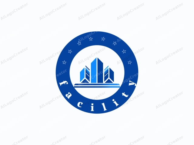 El logotipo presenta un diseño limpio y moderno con énfasis en formas geométricas y tonos azules vibrantes. El motivo central consiste en tres grandes edificios estilizados representados en azul, cada uno de pie con bordes afilados y angulados. Estos edificios forman una formación triangular