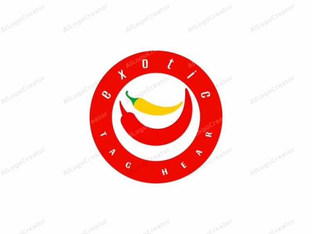 Dieses minimalistisches Logo zeigt zwei Chili-Pfeffer, einen größeren und einen kleineren, vor einem einfachen weißen Hintergrund. Der größere Chili-Pfeffer ist in einem lebhaften Rot gehalten und in einer eleganten, natürlichen Weise gebogen, was den Eindruck eines vollen, reifen Chilis vermittelt. Darüber