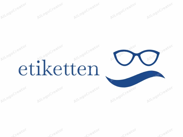 This is a minimalist logo, consisting of two primary elements. The first element is a pair of eyeglasses, depicted in a dark blue color, with a classic, oval-shaped lens and a bridge that connects the lenses. The eyeglasses