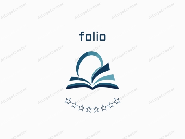 This is a logo image consisting of a simplified, abstract design. The central motif features a stylized, abstract book with open pages. The pages are depicted in three shades of blue: a deep navy blue, a light teal blue, and a