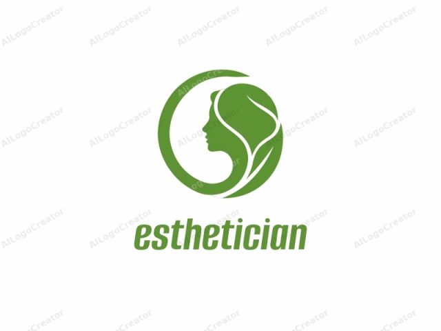 Dies ist ein grünes, minimalistisches Logo, das die Silhouette eines Frauenprofils in einem stilisierten, fließenden Design zeigt. Das Gesicht und der Hals der Frau sind mit glatten, geschwungenen Linien dargestellt, was ihr ein anmutiges und gelassenes Aussehen verleiht. Ihr Gesicht ist nach