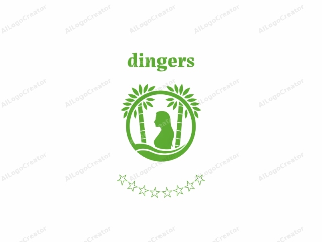 Dies ist ein vereinfachtes Logo-Design, das eine grüne Silhouette einer weiblichen Figur in einem kreisförmigen Rahmen zeigt. Die Figur ist zentral positioniert und scheint mit einer anmutigen Haltung nach links zu stehen. Ihr Haar fließt in langen, welligen Strähnen hinter ihr.