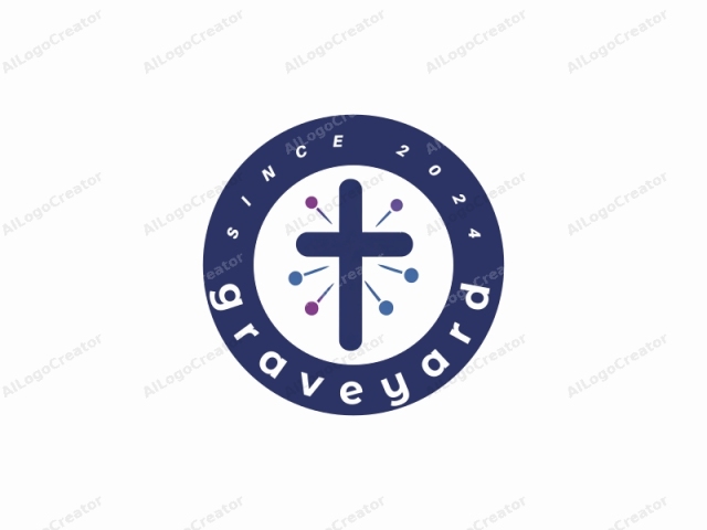 a minimalist graphic with a clear message. The logo features a prominent, bold, dark blue cross at its center, symbolizing Christianity. Surrounding the cross are eight equally spaced circles in varying shades of blue and purple, resembling rays emanating from