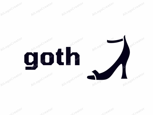 Dies ist ein minimalistisches Logo-Design, das einen hochhackigen Schuh in einem tiefschwarzen Farbton vor einem strahlend weißen Hintergrund zeigt. Der Schuh ist stilisiert in einer flachen, silhouettenartigen Art und Weise, mit klaren, geraden Linien und Kurven, die seine Struktur definieren, ohne