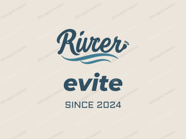 この画像は、スタイライズされたスクリプトで「River」という単語を特徴とするデジタルで作成されたミニマリストロゴです。テキストは流れるような優雅な外観の筆記体の手書きフォントで、濃い青色でレンダリングされています。