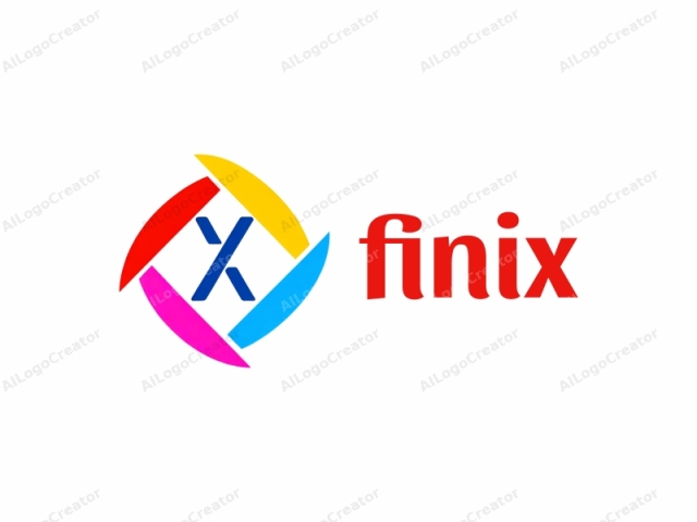 This is a stylized logo with a modern and minimalist design. The logo features a geometric arrangement of five triangular segments that form a circular pattern. Each triangular segment is colored vividly: one is red, one yellow, one green, one pink