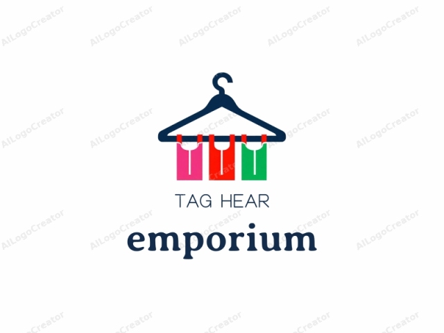 This logo features a stylized graphic of a clothing hanger, depicted in dark navy blue. The hanger is centered and tilted slightly to the right. Hanging from the hanger are three rectangular garment tags, each colored in vivid shades. From