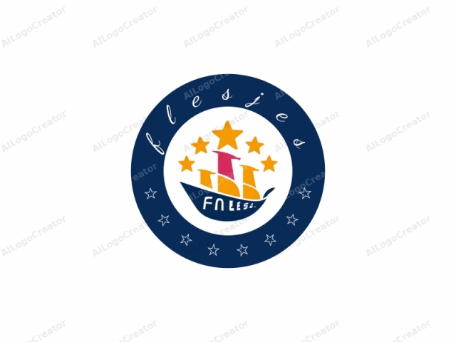 Este logotipo presenta un velero estilizado con un diseño moderno y minimalista. El velero se representa en un color azul profundo y se coloca en el centro de la imagen. El mástil del velero está adornado con cinco estrellas amarillas prominentes, dispuestas uniformemente en una