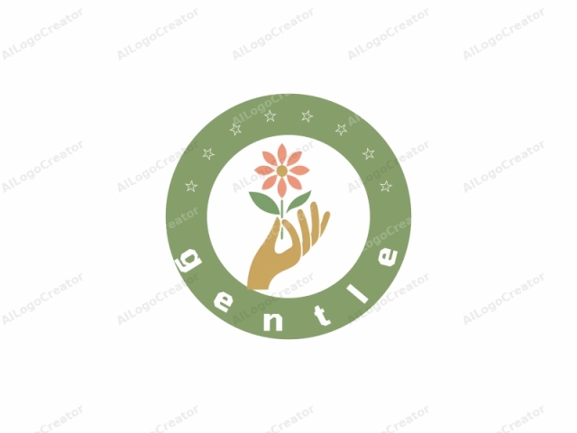 La imagen es un dibujo de diseño plano y minimalista que representa una mano estilizada sosteniendo una planta verde con una sola flor. La mano está dibujada en un color amarillo dorado sólido y presenta una forma suave y redondeada, careciendo de detalles como dedos o arrugas.