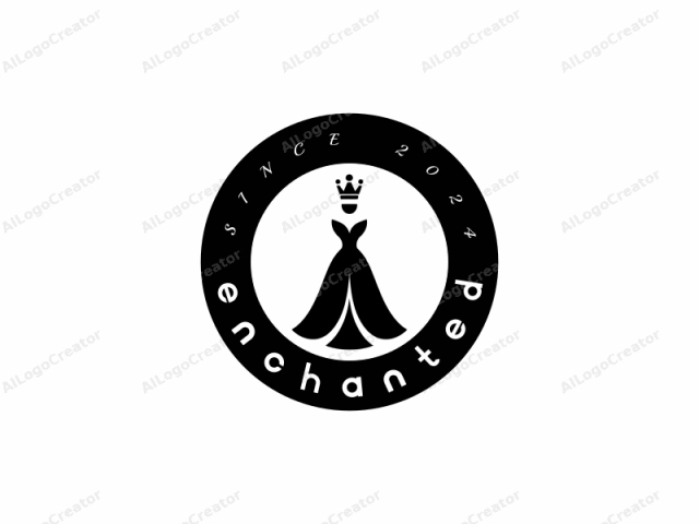 This image is a minimalist black-and-white vector drawing of a woman's dress with regal elements. The dress is stylized with clean, smooth lines and is rendered in solid black on a stark white background, giving it a modern and sleek appearance