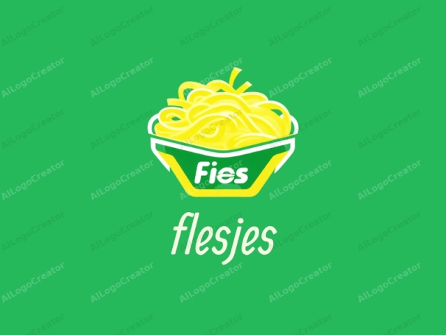 Este es un logotipo creado digitalmente en un estilo minimalista. El logotipo presenta una representación simplificada y abstracta del alimento "papas fritas" sobre un fondo verde sólido. En el centro de la imagen, un pequeño cuenco con un borde blanco y un