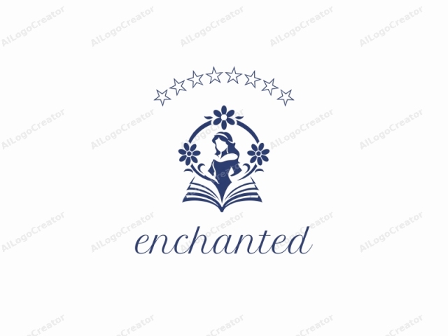 featuring an elegant, stylized illustration of a woman in a flowing dress, rendered in a monochromatic blue tone against a stark white background. The woman stands in a graceful pose, her flowing hair cascading down her back and her head adorned with