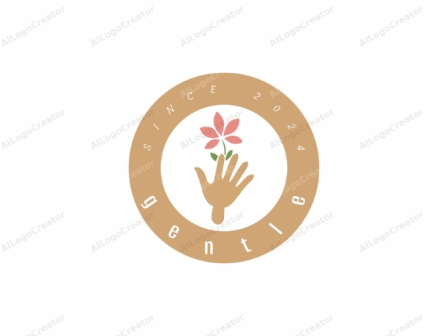 Este es un logo minimalista que presenta una mano simple y estilizada con un solo dedo marrón extendido hacia arriba, sosteniendo una flor rosa con un tallo verde. La mano, dibujada en un diseño moderno y plano con bordes suaves, ocupa el área central de