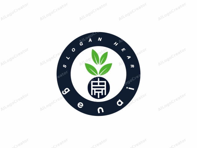 This is a minimalist logo with a clean, modern aesthetic, featuring a stylized plant and text. The design consists of two main elements: a circle and a plant. The circle, located in the center, has a dark blue hue, providing