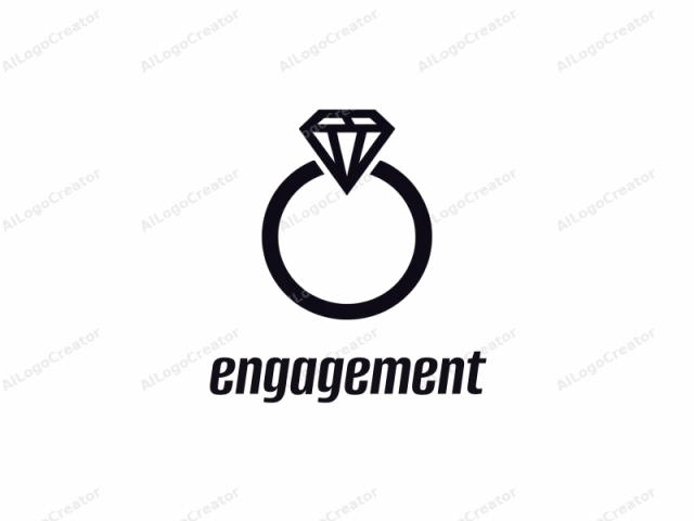 Mit einem einfachen, aber eleganten Design. Dies ist ein minimalistisches Schwarz-Weiß-Logobild. Der zentrale Fokus liegt auf einem Verlobungsring mit einem markanten schwarzen Kreis, der das Ringband darstellt, und einer stilisierten Diamantform darüber. Die Diamantform besteht aus