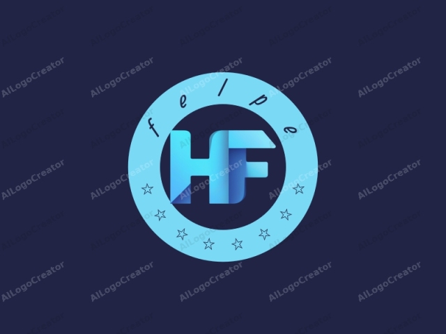 This is a digital logo image featuring a minimalist design. The primary element is the bold, uppercase letters "HF" against a dark navy blue background. The letters "HF" are constructed in a modern, geometric style, with a gradient effect that