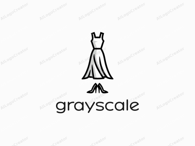 Este logo es un dibujo minimalista en blanco y negro que representa un vestido y zapatos sobre un fondo blanco liso. El vestido está representado en un estilo moderno y elegante con líneas limpias y contornos audaces. El vestido es sin mangas, con un corpiño ajustado