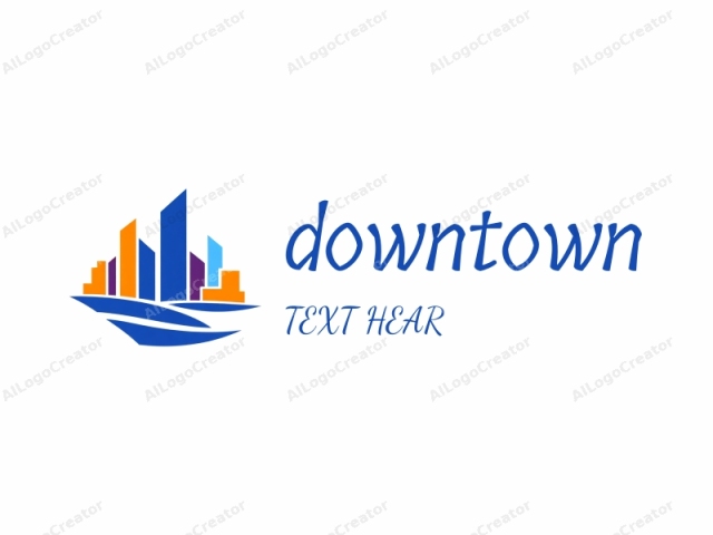 The image is a digital logo featuring abstract architectural elements. The primary colors used are blue, orange, purple, and yellow, with each color representing a different skyscraper. These skyscrapers vary in shape and size, creating a dynamic and modern