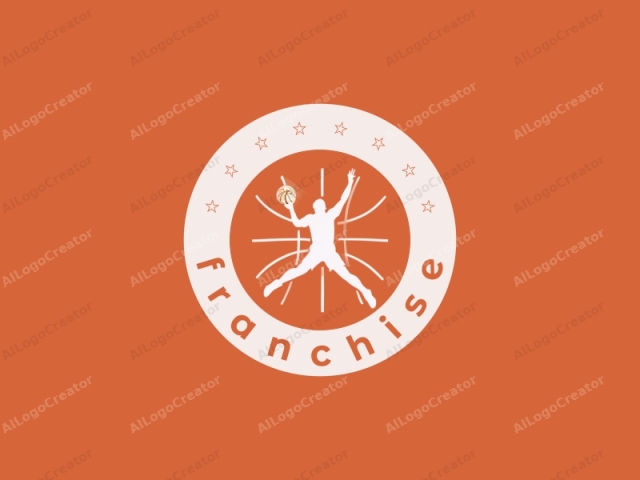 Dieses Bild ist ein minimalistisches Logo, das eine Silhouette eines Basketballspielers in der Mitte eines Sprungs zeigt. Die Figur ist in Weiß dargestellt und wird von dünnen, orangefarbenen Linien umrandet, was einen starken Kontrast zum satten, orangefarbenen Hintergrundverlauf ergibt. Der Verlauf geht über