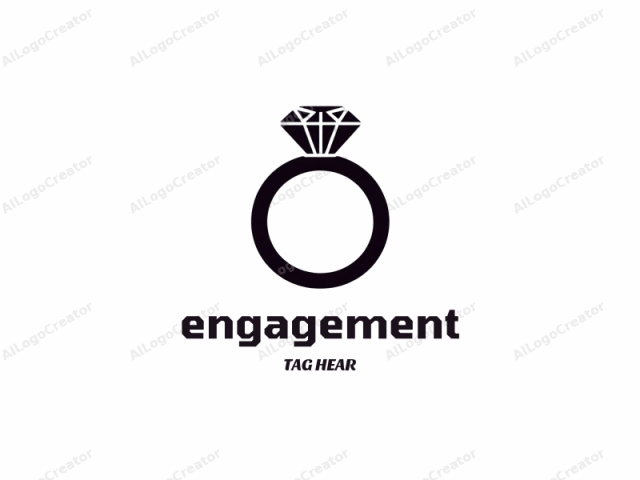 Dies ist ein minimalistisches schwarz-weißes digitales Logo, das einen klassischen Verlobungsring darstellt. Der Ring ist in einem schlanken, modernen Stil dargestellt, mit einem runden Band unten und einem markanten, facettierten Diamanten oben. Der Diamant ist scharf dargestellt