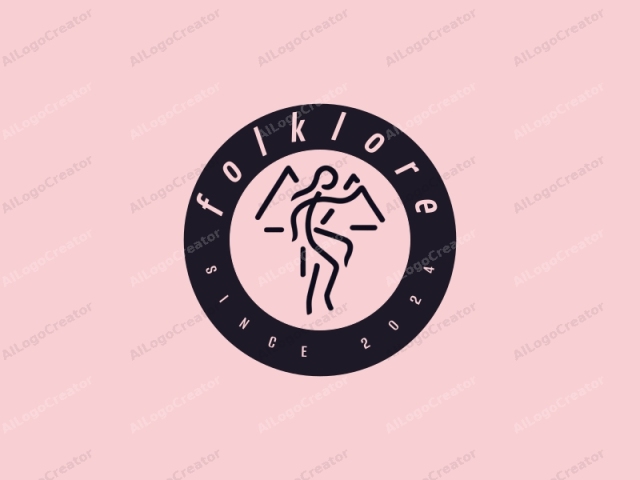 The image is a minimalist black line drawing on a pale pink background. The drawing depicts a stylized human figure set against three triangular shapes, representing mountains. The figure is simplified, with minimal features such as a small oval for the head, two