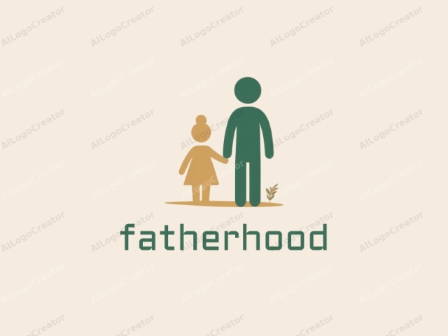 This is a minimalist, flat-design illustration in a monochromatic style. The background is a soft, off-white color. The central figures are stylized representations of a child and an adult, depicted in two shades of green and brown. The